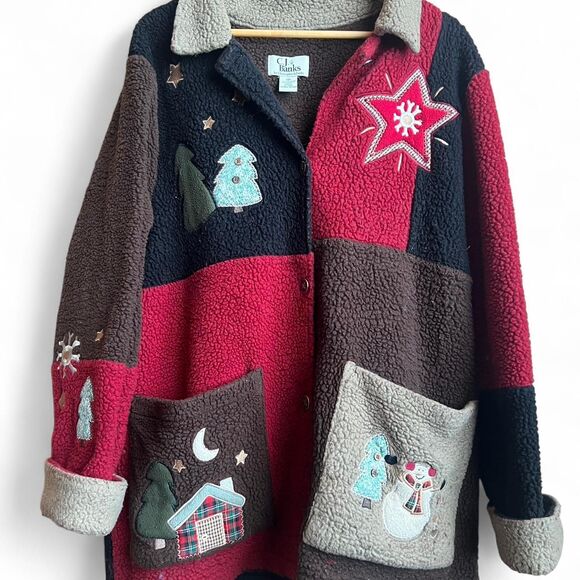 Rare vintage 2002 Patchwork Christmas Embellished Fleece Coat - Picture 2 of 8